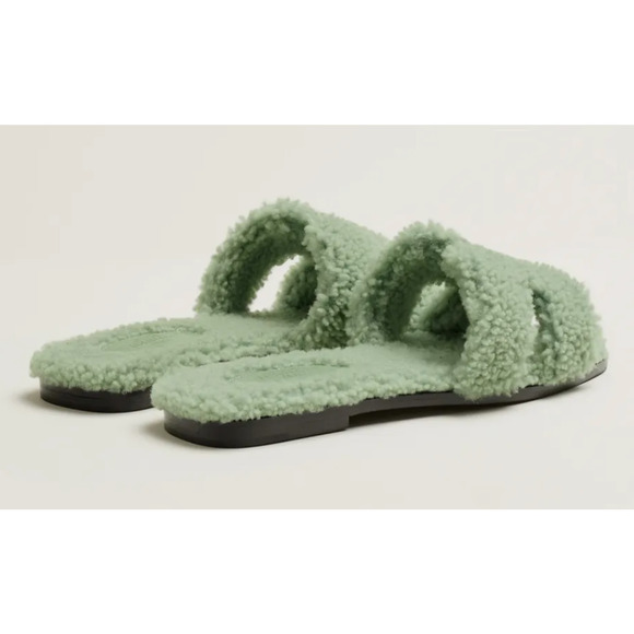 Hermes Oran Teddy Shearling Fur Green H Logo Slide Sandal Mule Flat Flip Flop 42 - Picture 10 of 12